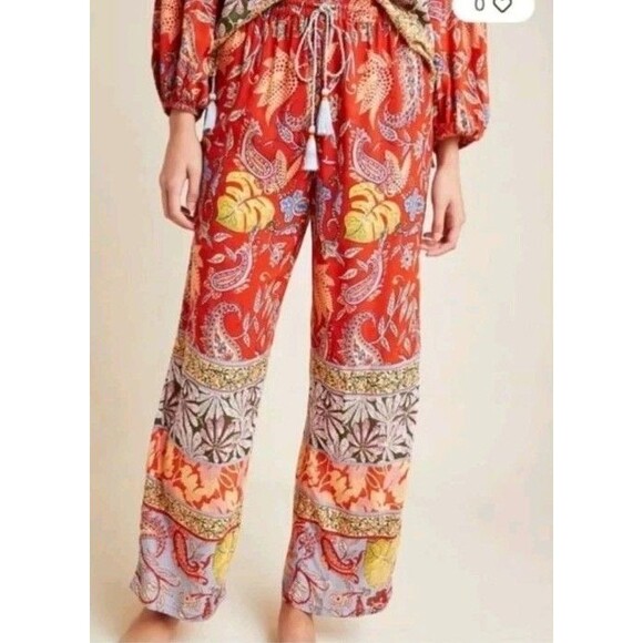 Anthropologie Sonrisa Paisley Floral Red Flowy Wide Leg Beach Pants size medium - Picture 2 of 10
